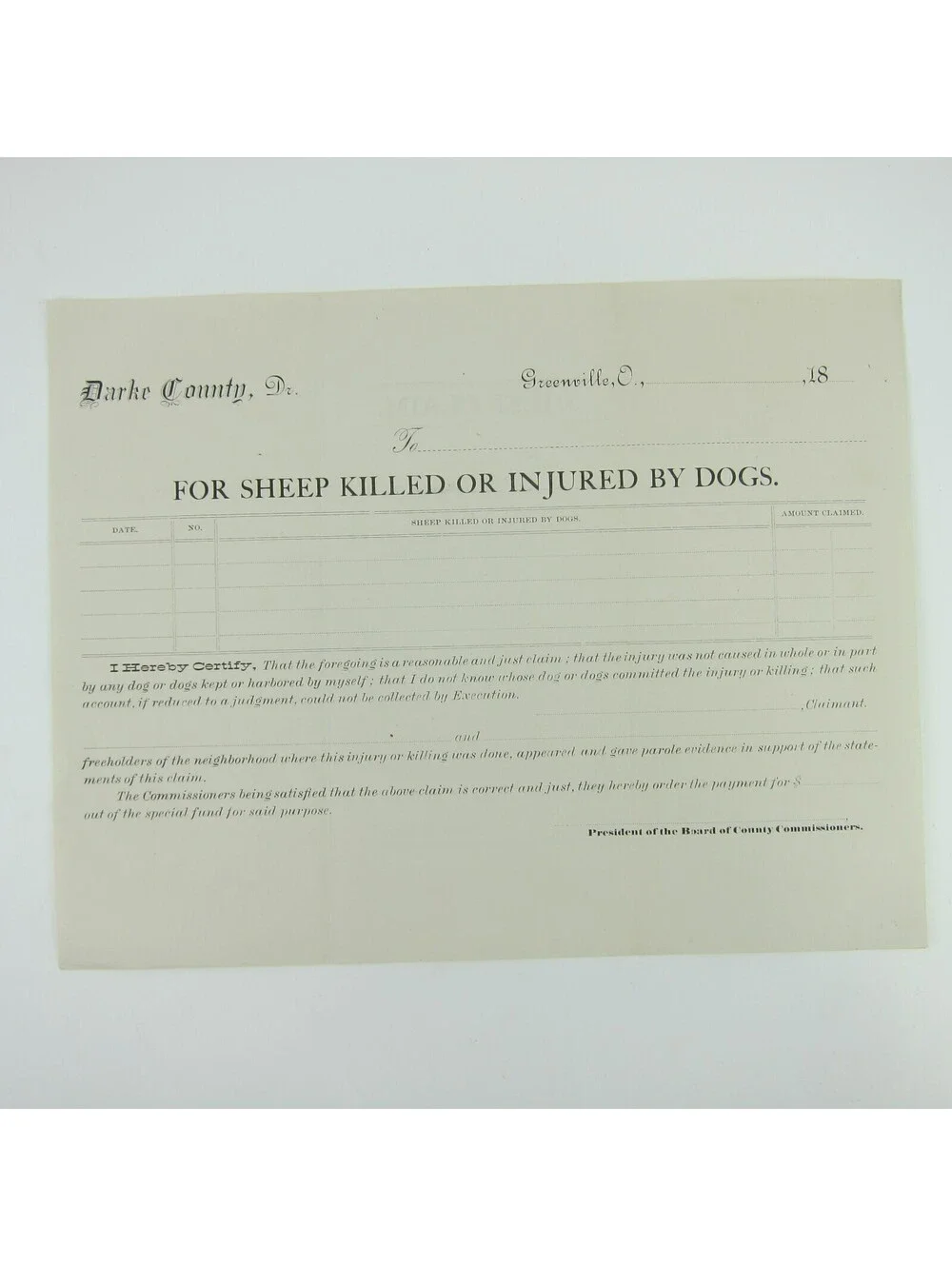 Antique 1800s Darke County Greenville Ohio Police Record Form Blank Sheep Claim